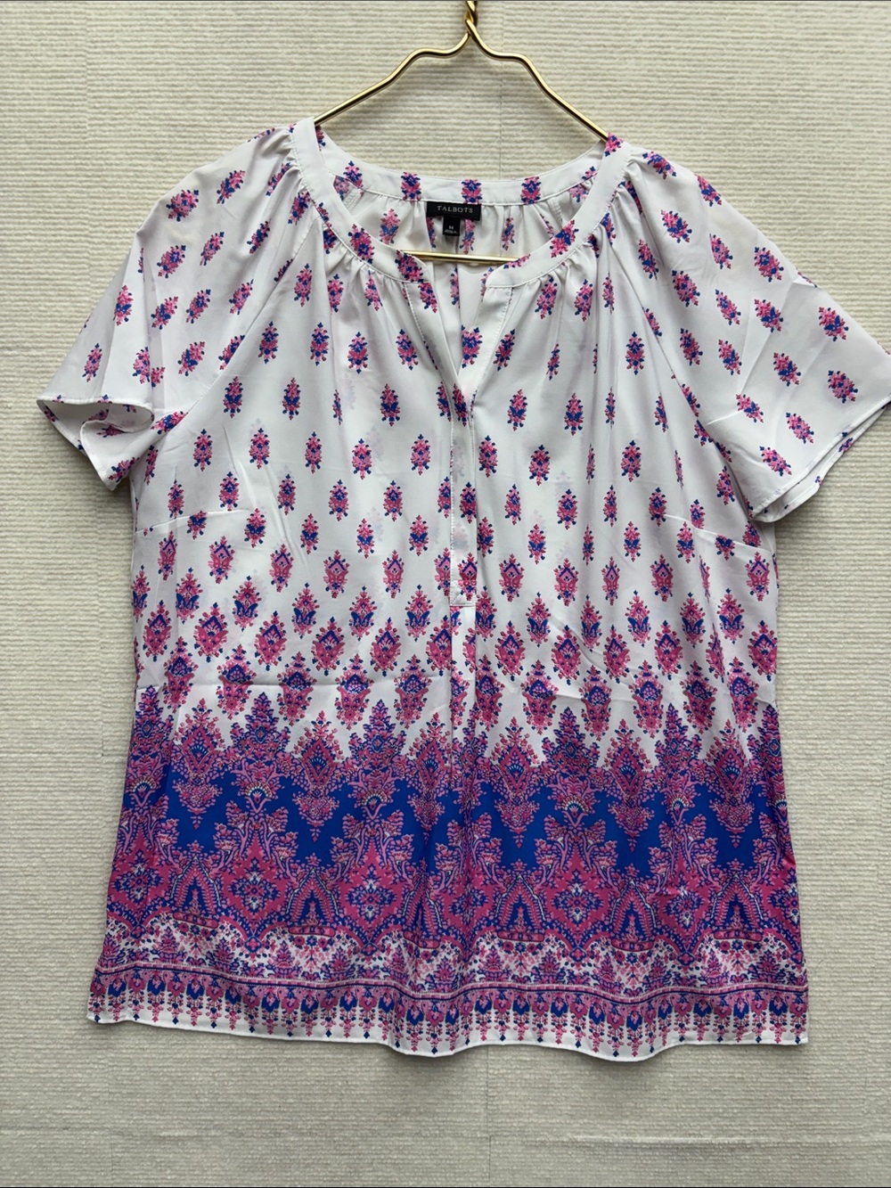 Talbots White Pink and Blue Border-Print Short Sleeve Blouse m